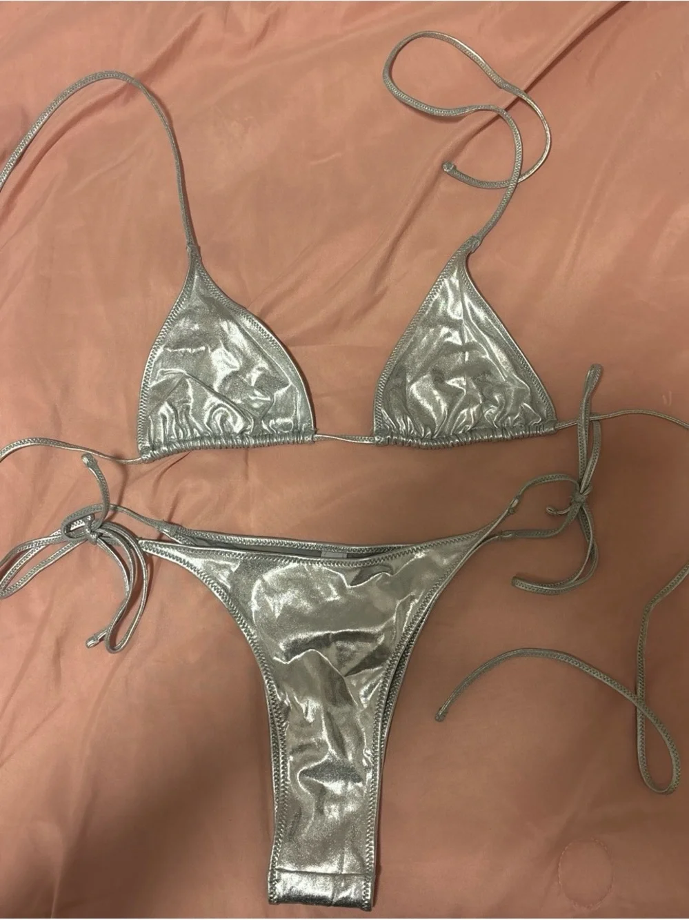 Skims Metallic Silver Triangle Bikini Set - Women Swim